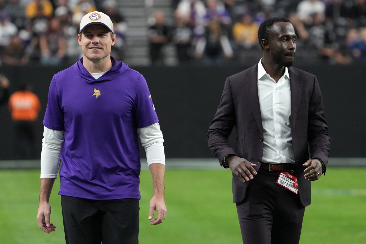 Dec 10, 2023; Paradise, Nevada, USA; Minnesota Vikings coach Kevin O'Connell (left) and general manager Kwesi Adofo-Mensah react during the game against the Minnesota Vikings at Allegiant Stadium.