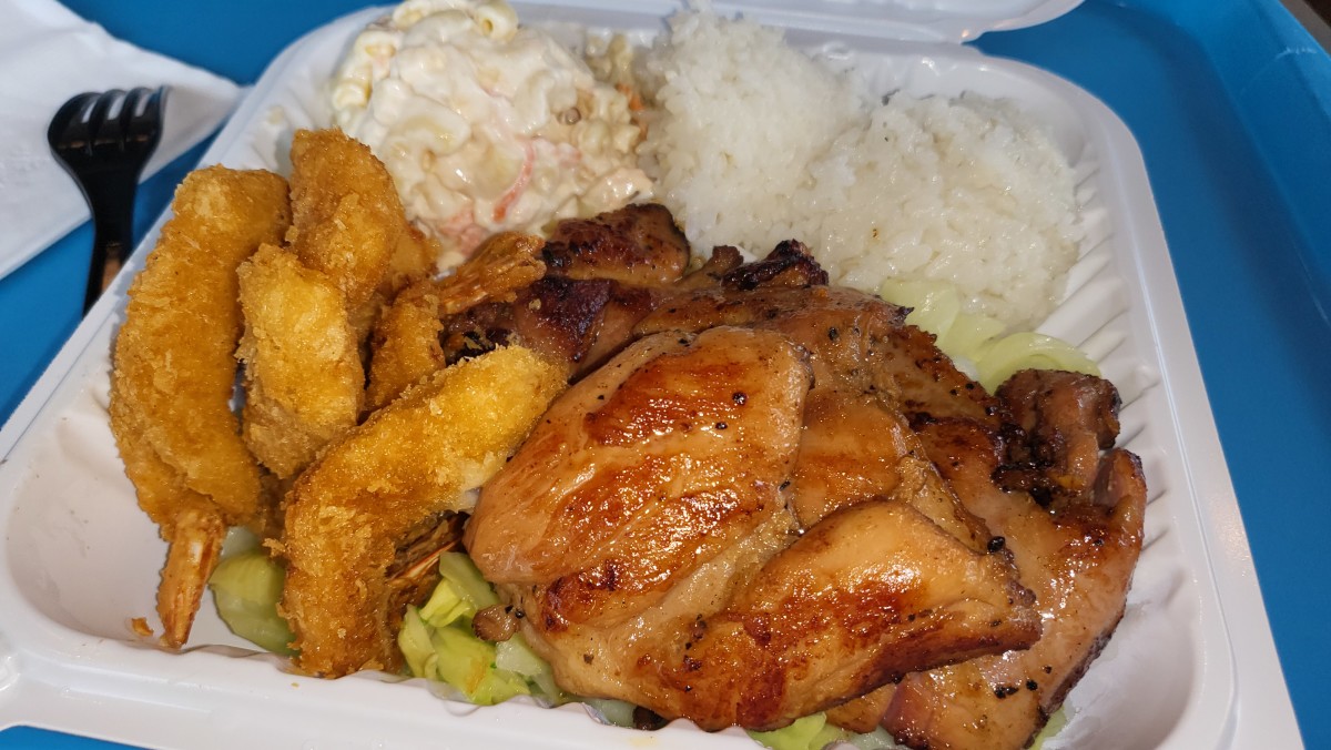 The shrimp and Hawaiian BBQ chicken combination plate comes with white rice and macaroni salad at Ono Hawaiian BBQ, a fast-casual chain started in Honolulu in 1976 with locations in California and Arizona.