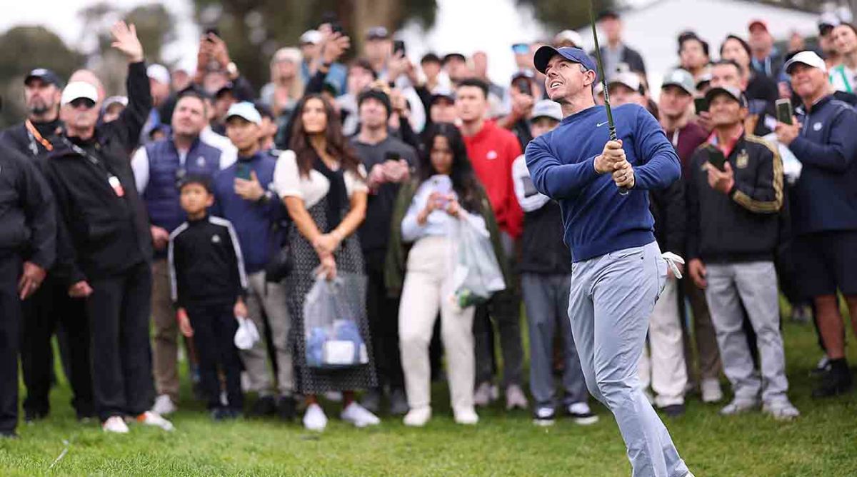 Rory McIlroy watches a shot in the final round of the 2024 Genesis Invitational at Riviera Country Club in Pacific Palisades, Calif.