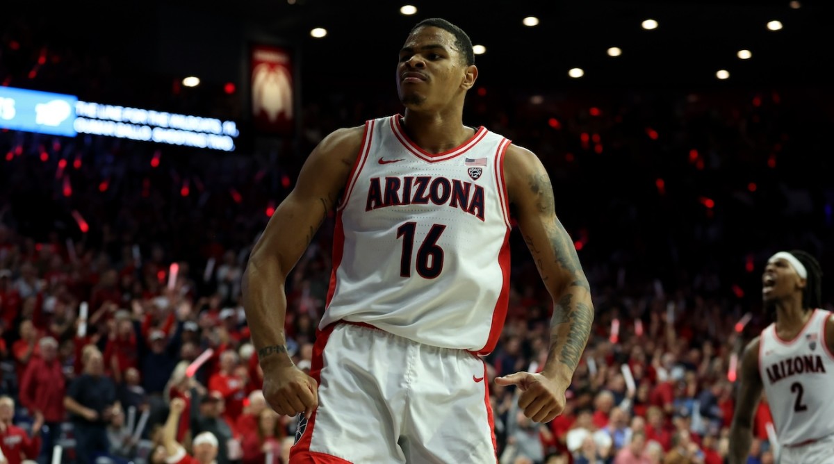Arizona Wildcats forward Keshad Johnson (16) celebrates after making a basket against the Washington State Cougars during the second half at McKale Center in Tucson, Arizona, on Feb. 22, 2024.