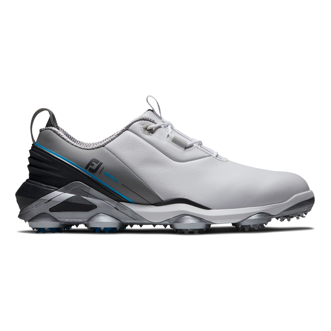 the footjoy tour alpha golf shoes, seen here in gray and white, are on sale at pga tour superstore