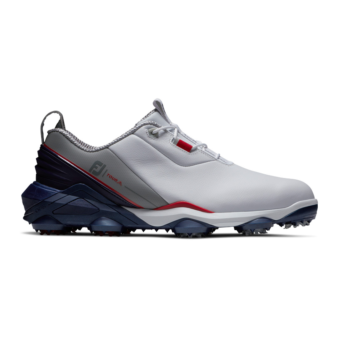the footjoy tour alpha golf shoes, seen here in navy and white, are on sale at pga tour superstore.