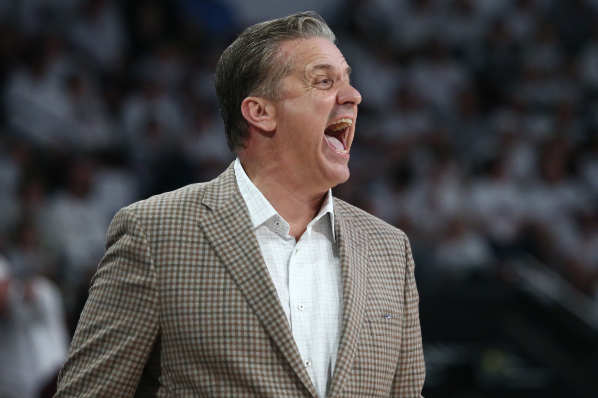 Feb 27, 2024; Starkville, Mississippi, USA; Kentucky Wildcats head coach John Calipari reacts during the second half against the Mississippi State Bulldogs at Humphrey Coliseum. Mandatory Credit: Petre Thomas-USA TODAY Sports