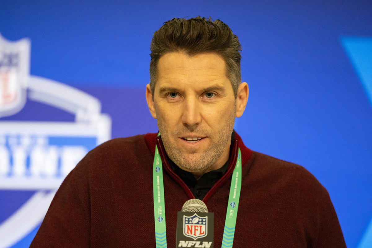 Feb 27, 2024; Indianapolis, IN, USA; Washington Commanders general manager Adam Peters talks to the media at the 2024 NFL Combine at Indiana Convention Center.