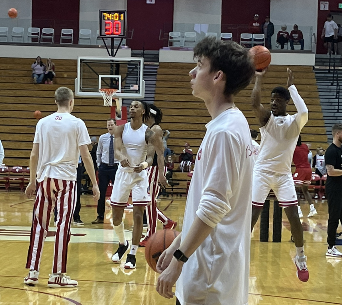 Indiana guards CJ Gunn (left) and Xavier Johnson (right) warming up for Tuesday's game against Wisconsin.