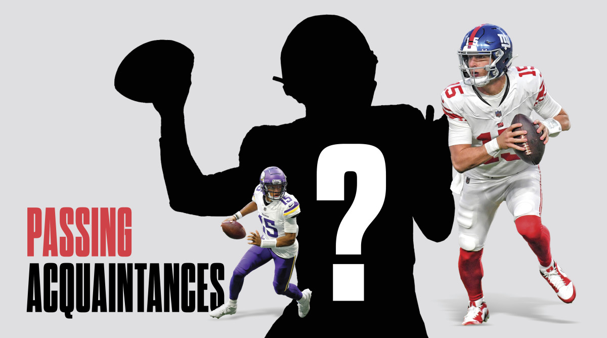 a graphic with the text “Passing Acquaintances’ On it, with joshua dobbs and tommy devito both running with the football overlayed over a silhouette with a question mark