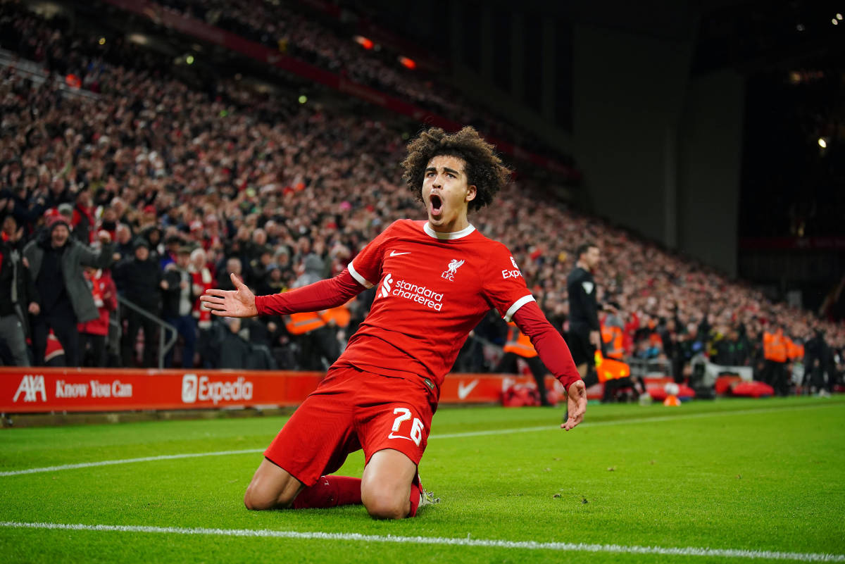 Jayden Danns pictured celebrating after scoring the first goal of his Liverpool career in a 3-0 win over Southampton at Anfield in February 2024