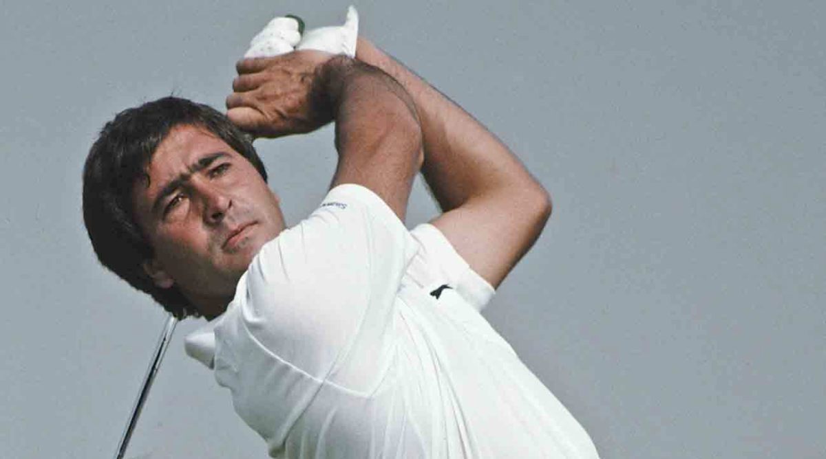 Seve Ballesteros of Spain watches a shot during the 1983 British Open at Royal Birkdale Golf Club in Southport, England.