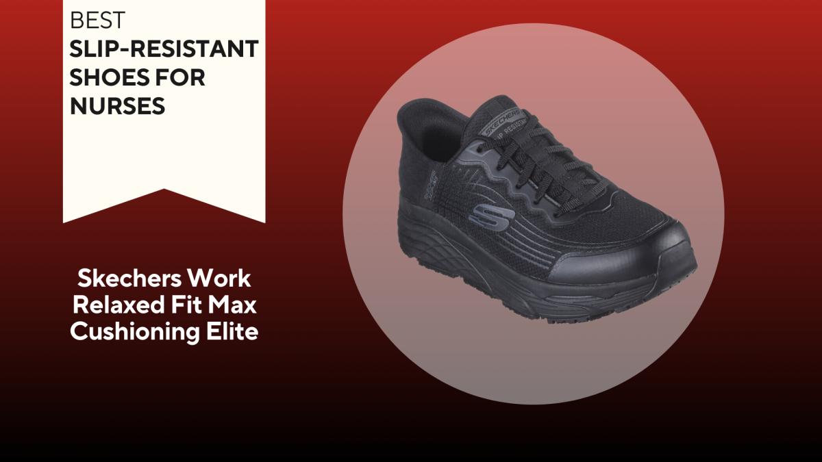 skechers work relaxed fit max cushioning elite shoe in black on red background