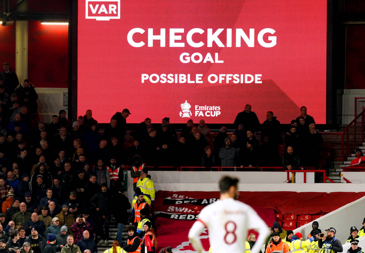 A big screen at the City Ground pictured while a VAR check took place following Casemiro's late goal for Manchester United in a 1-0 win at Nottingham Forest in February 2024