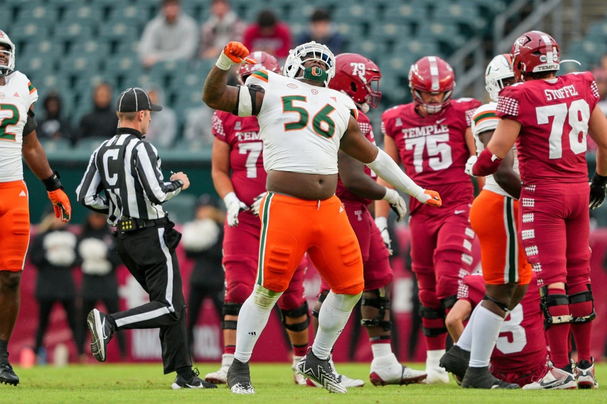 Sep 23, 2023; Philadelphia, Pennsylvania, USA; Miami Hurricanes defensive lineman Leonard Taylor III (56) celebrates his sack in the second half against the Temple Owls at Lincoln Financial Field.