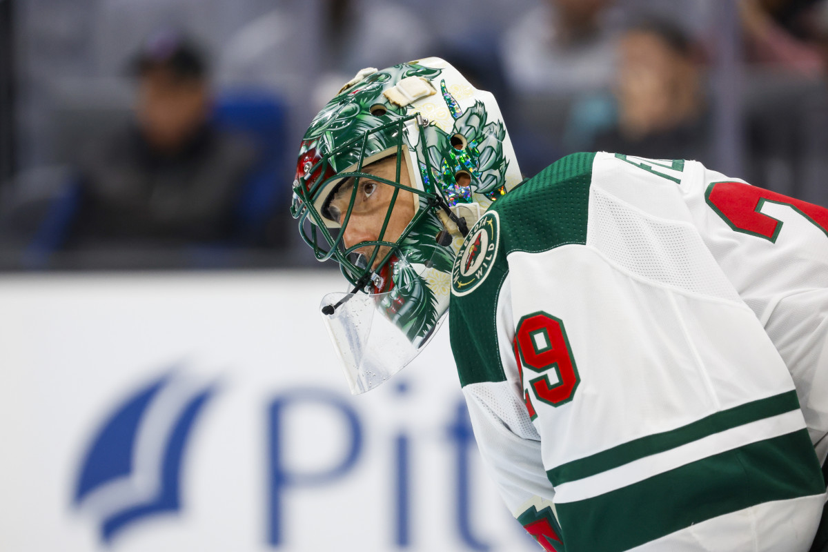 Feb 24, 2024; Seattle, Washington, USA; Minnesota Wild goaltender Marc-Andre Fleury (29) speaks with a teammate before a face off against the Seattle Kraken during the third period at Climate Pledge Arena.