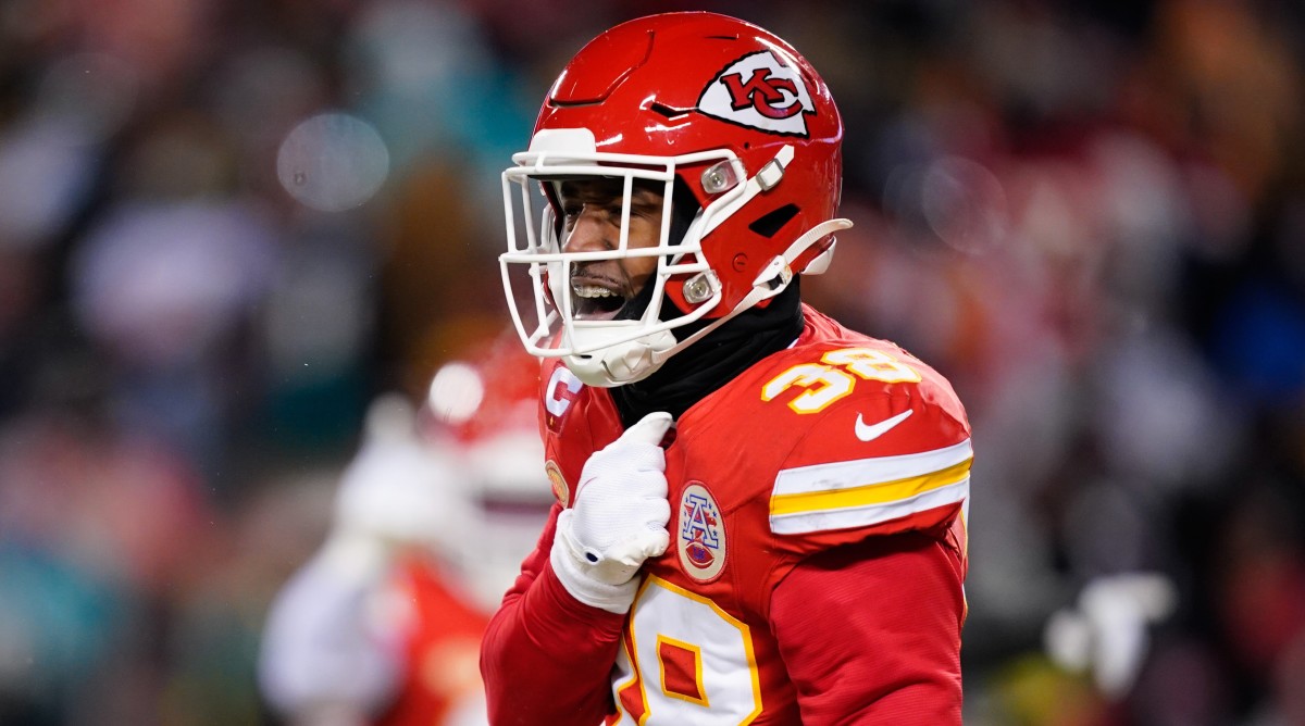 Kansas City Chiefs cornerback L'Jarius Sneed (38) reacts against the Miami Dolphins during the first half of the 2024 AFC wild card game.