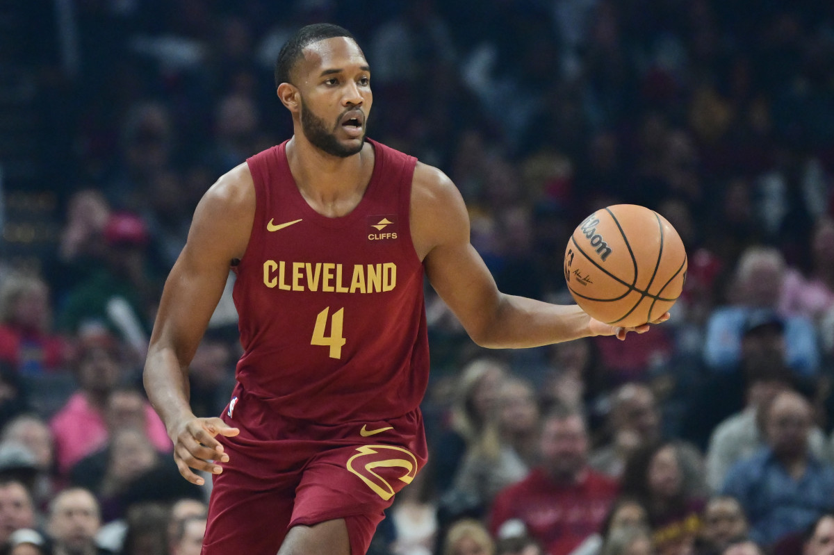 Feb 14, 2024; Cleveland, Ohio, USA; Cleveland Cavaliers forward Evan Mobley (4) brings the ball up court during the first half against the Chicago Bulls at Rocket Mortgage FieldHouse.