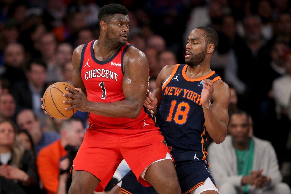 New Orleans Pelicans forward Zion Williamson (1) controls the ball against New York Knicks guard Alec Burks (18) during the second quarter at Madison Square Garden in New York City on Feb. 27, 2024.