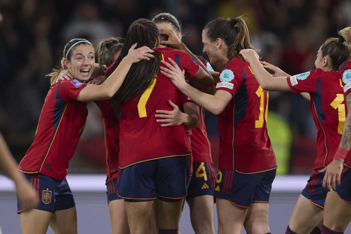 Spain's players pictured celebrating a goal during their 2-0 win over France in the inaugural UEFA Women's Nations League final in February 2024