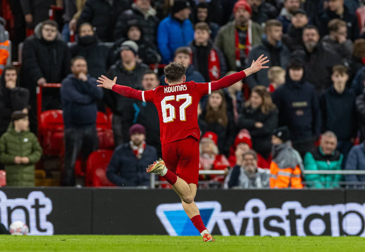 Lewis Koumas pictured celebrating after scoring on his Liverpool debut in an FA Cup game against Southampton in February 2024