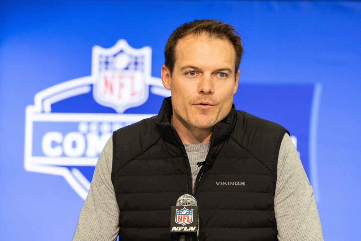Feb 27, 2024; Indianapolis, IN, USA; Minnesota Vikings head coach Kevin O'Connell talks to the media at the 2024 NFL Combine at Indiana Convention Center.