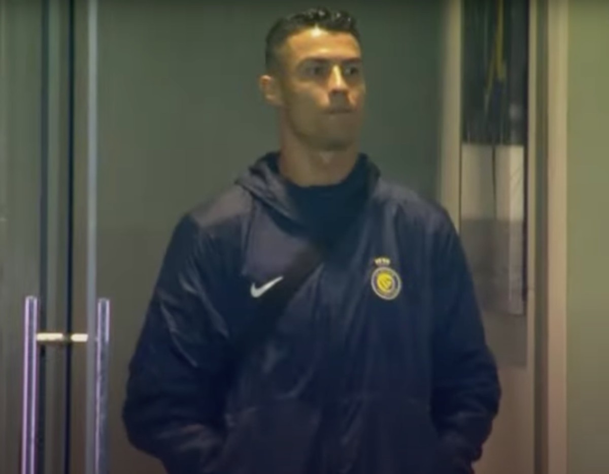 Cristiano Ronaldo pictured watching Al Nassr's 4-4 draw with Al-Hazm from an executive box at King Saud University Stadium in February 2024