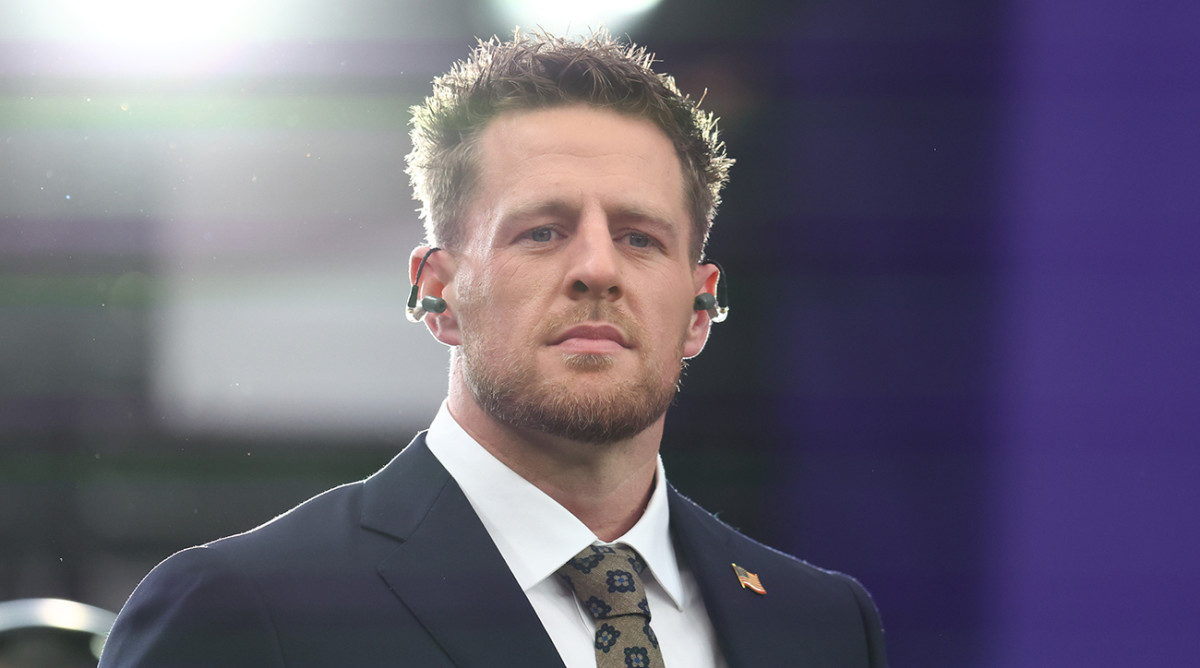 J.J. Watt on the field before Super Bowl LVIII between the Kansas City Chiefs and the San Francisco 49ers at Allegiant Stadium.