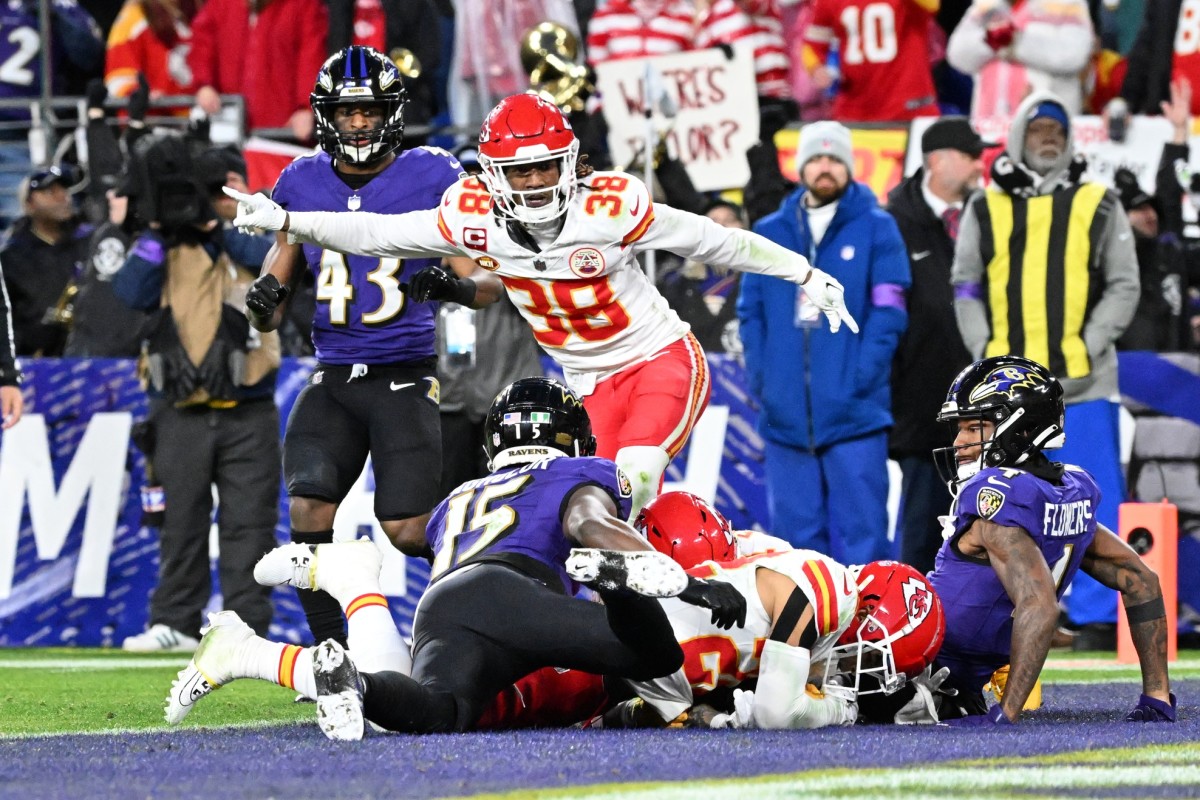 Jan 28, 2024; Baltimore, Maryland, USA; Kansas City Chiefs cornerback L'Jarius Sneed (38) celebrates as cornerback Trent McDuffie (22) recovers a fumble against Baltimore Ravens wide receiver Zay Flowers (4) and wide receiver Nelson Agholor (15) for a turnover during the second half in the AFC Championship football game at M&T Bank Stadium.