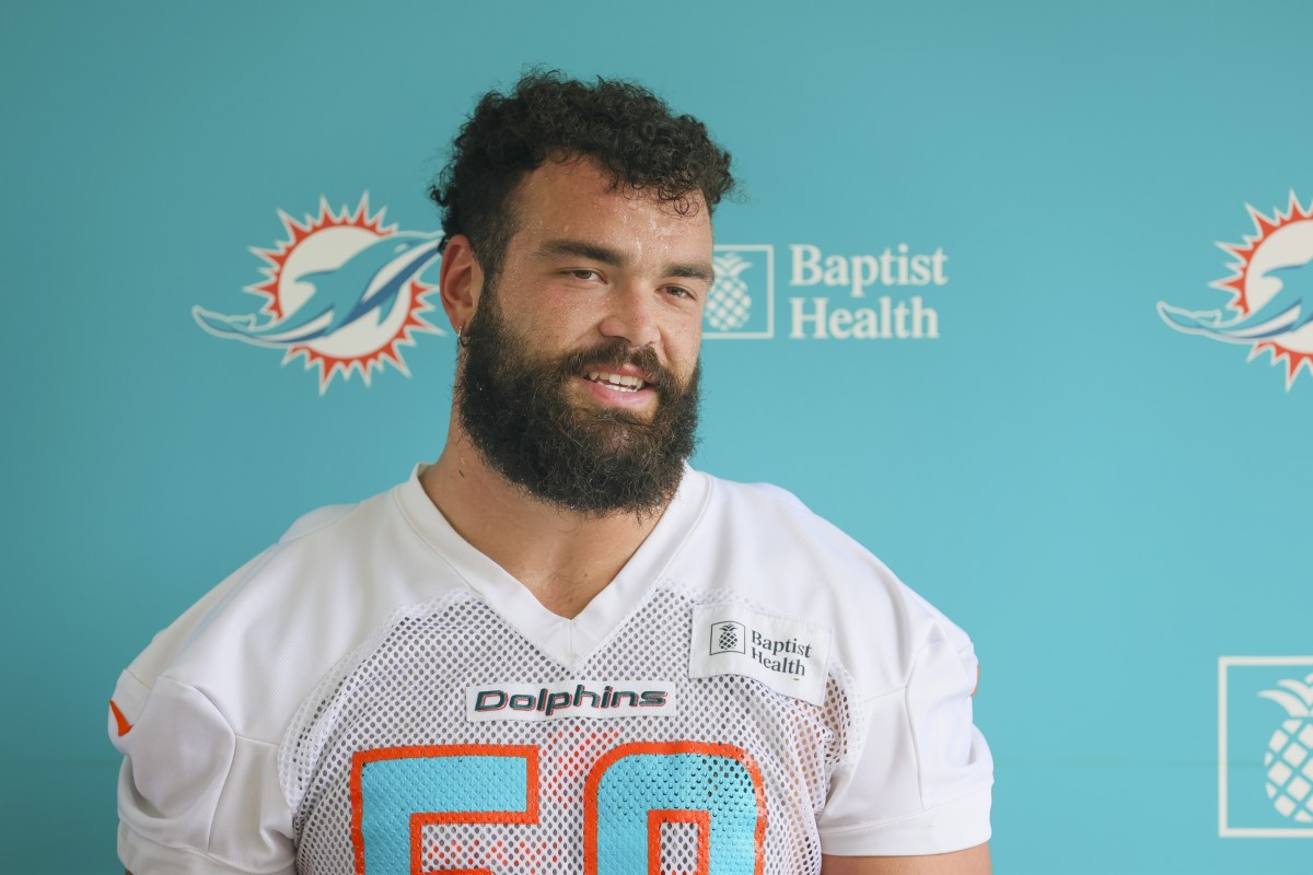 Jul 26, 2023; Miami Gardens, FL, USA; Miami Dolphins guard Connor Williams (58) talks to reporters during training camp at Baptist Health Training Facility.