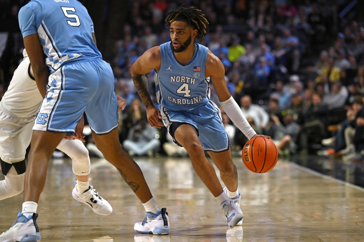 North Carolina Tar Heels guard R.J. Davis (4) drives to the baseline during the second half against the Wake Forest Demon Deacons at Lawrence Joel Veterans Memorial Coliseum in Winston-Salem, North Carolina, Feb. 7, 2023.