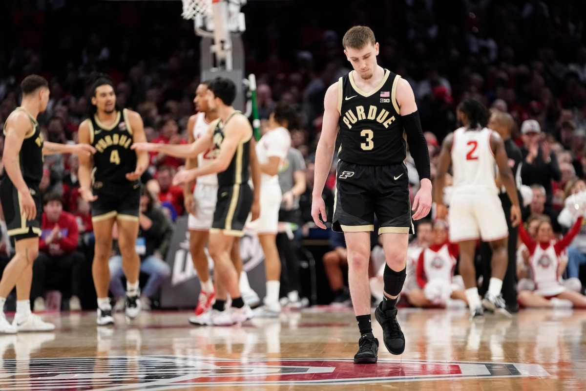 Purdue Boilermakers guard Braden Smith (3) walks up court after a turnover during the first half of the NCAA men s basketball game against the Ohio State Buckeyes at Value City Arena in Columbus, Ohio, on Feb. 18, 2024.