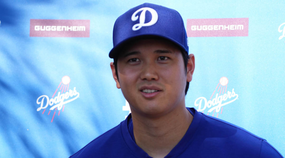Dodgers pitcher and designated hitter Shohei Ohtani at a press conference announcing his marriage.