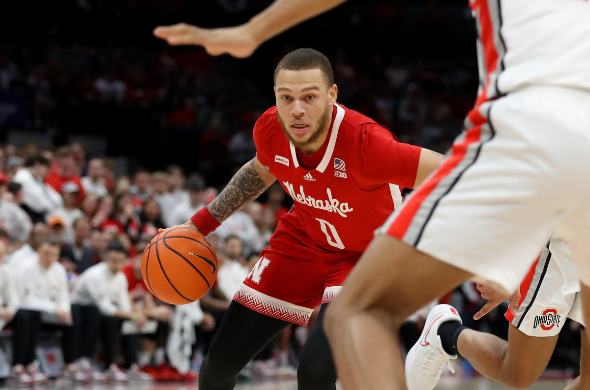 Feb 29, 2024; Columbus, Ohio, USA; Nebraska Cornhuskers guard C.J. Wilcher (0) moves the ball during the first half against the Ohio State Buckeyes at Value City Arena.