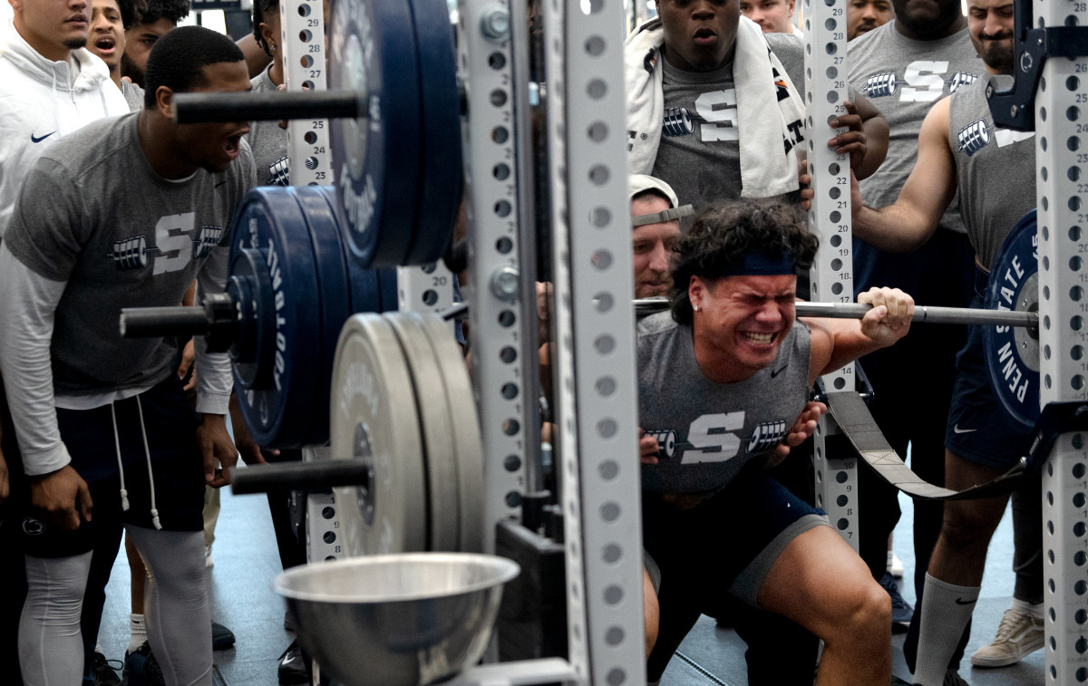 Penn State linebacker Tony Rojas lifts during a max-out training session at the Lasch Football Building.