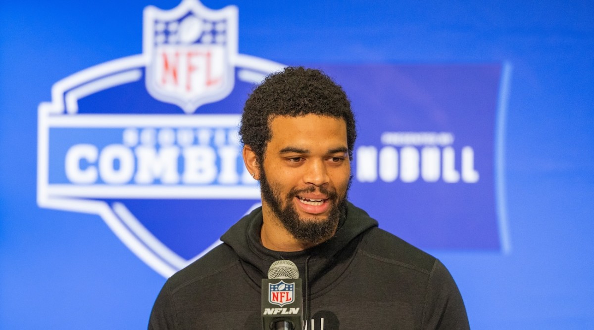 USC quarterback Caleb Williams talks to the media during the 2024 NFL Combine at Lucas Oil Stadium in Indianapolis on March 1, 2024.