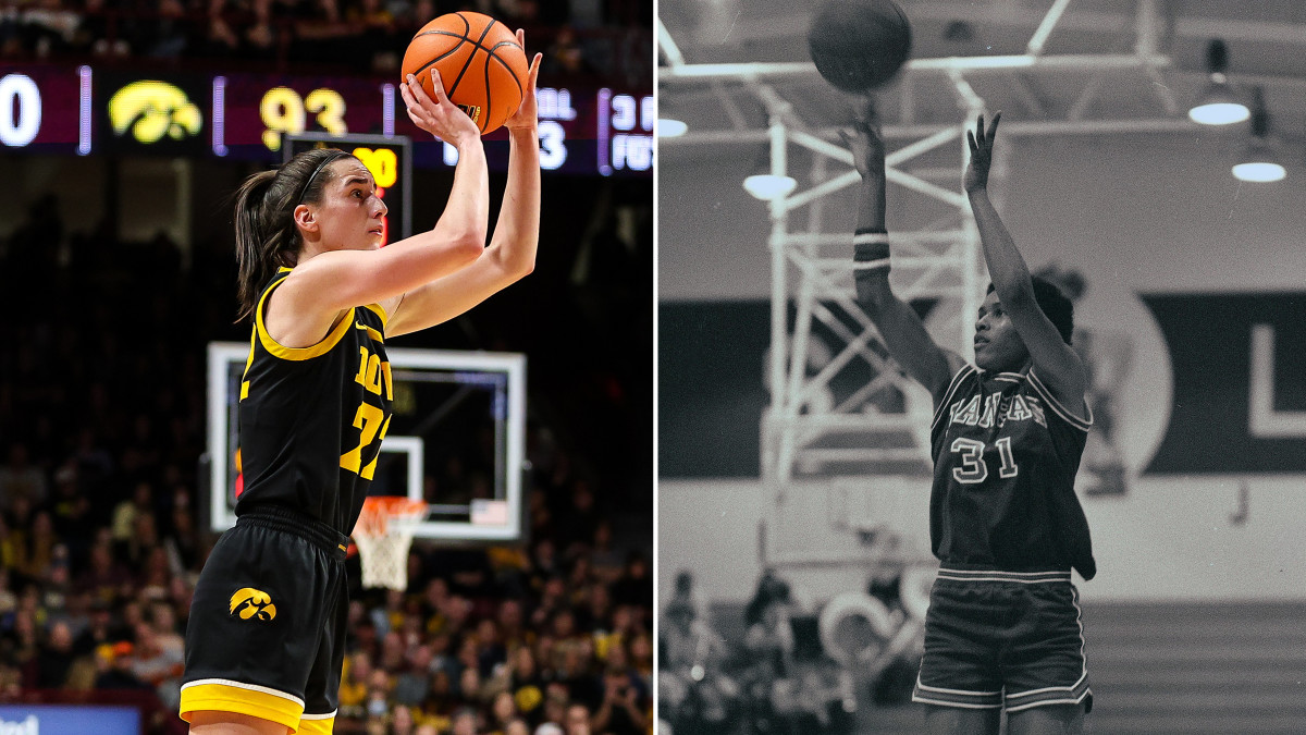 A split image of Iowa star Caitlin Clark shooting and Kansas legend Lynette Woodard shooting.