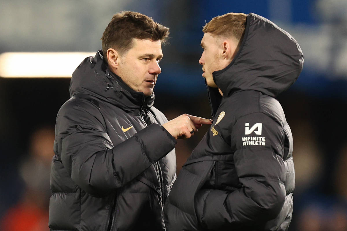 Chelsea manager Mauricio Pochettino pictured (left) speaking to Cole Palmer following a 4-0 win over Preston North End in January 2024