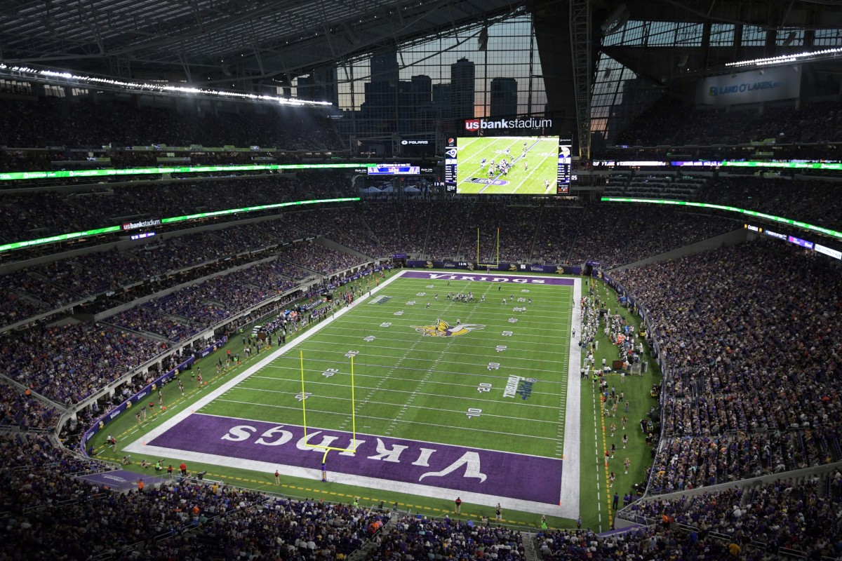 Sep 1, 2016; Minneapolis, MN, USA; General view of U.S. Bank Stadium with Minneapolis downtown skyline as backdrop during a NFL game between the Los Angeles Rams and the Minnesota Vikings.