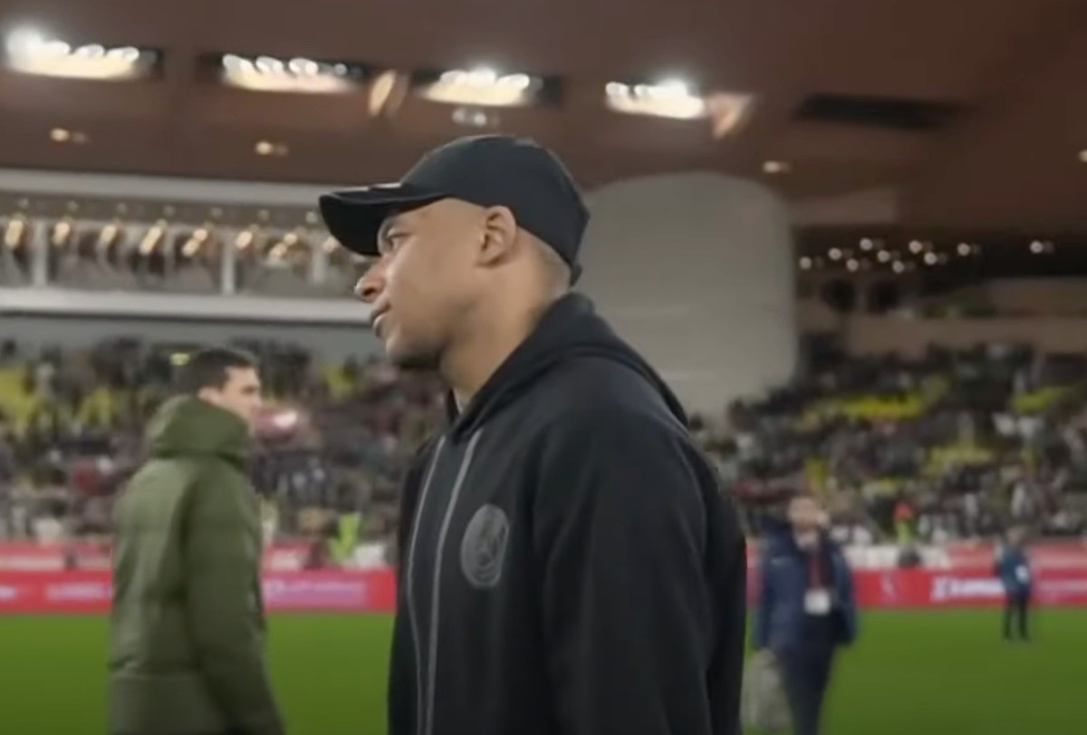 Kylian Mbappe pictured on the pitch following Paris Saint-Germain's 0-0 draw at AS Monaco in March 2024
