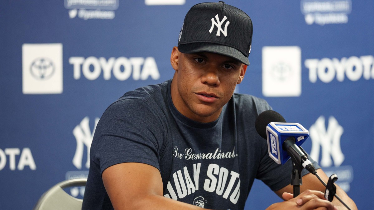 New York Yankees left fielder Juan Soto gives a press conference during spring training.