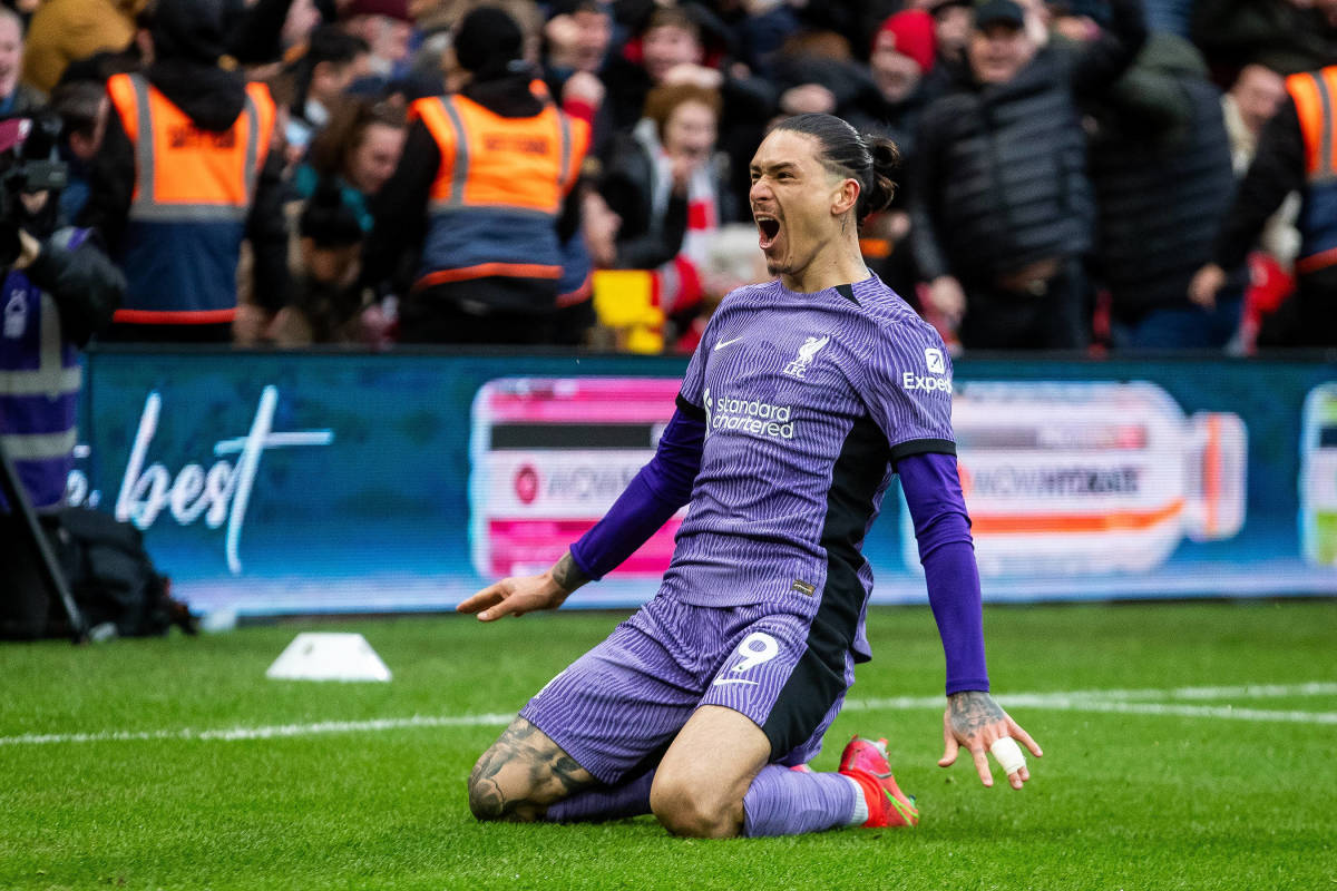 Darwin Nunez pictured celebrating after scoring a 99th-minute winning goal for Liverpool in a 1-0 victory at Nottingham Forest in March 2024