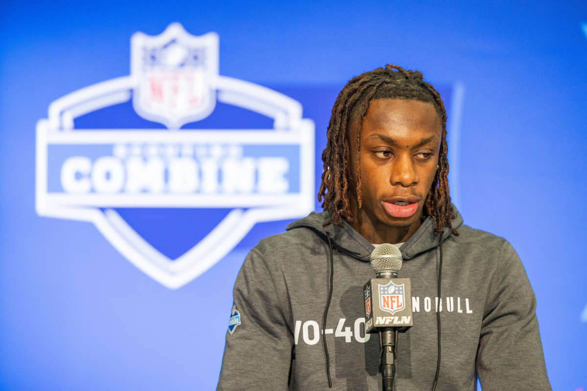 Mar 1, 2024; Indianapolis, IN, USA; Texas wide receiver Xavier Worthy (WO40) talks to the media during the 2024 NFL Combine at Lucas Oil Stadium. Mandatory Credit: Trevor Ruszkowski-USA TODAY Sports