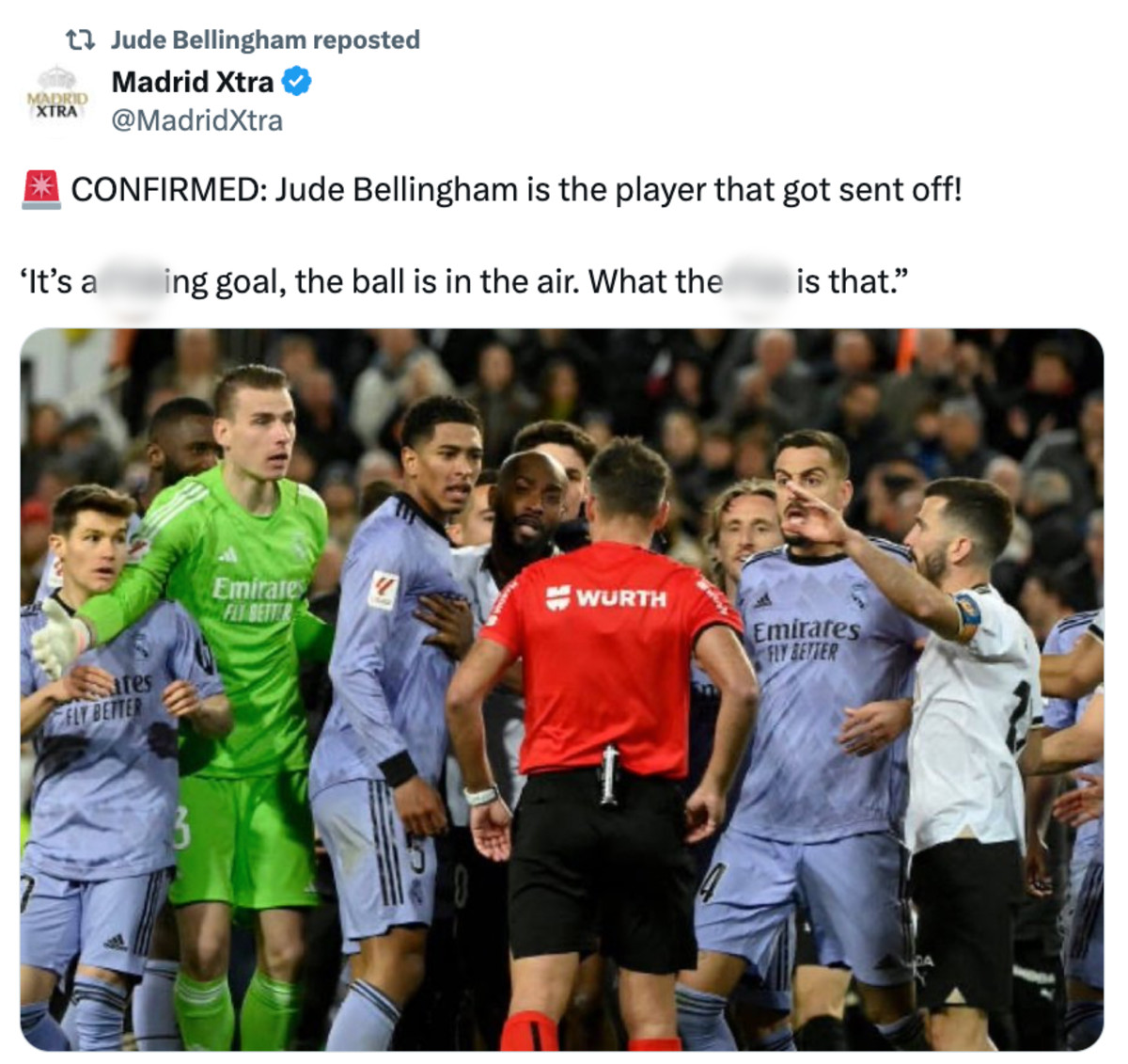 A tweet reposted by Jude Bellingham following Real Madrid's 2-2 draw at Valencia in March 2024