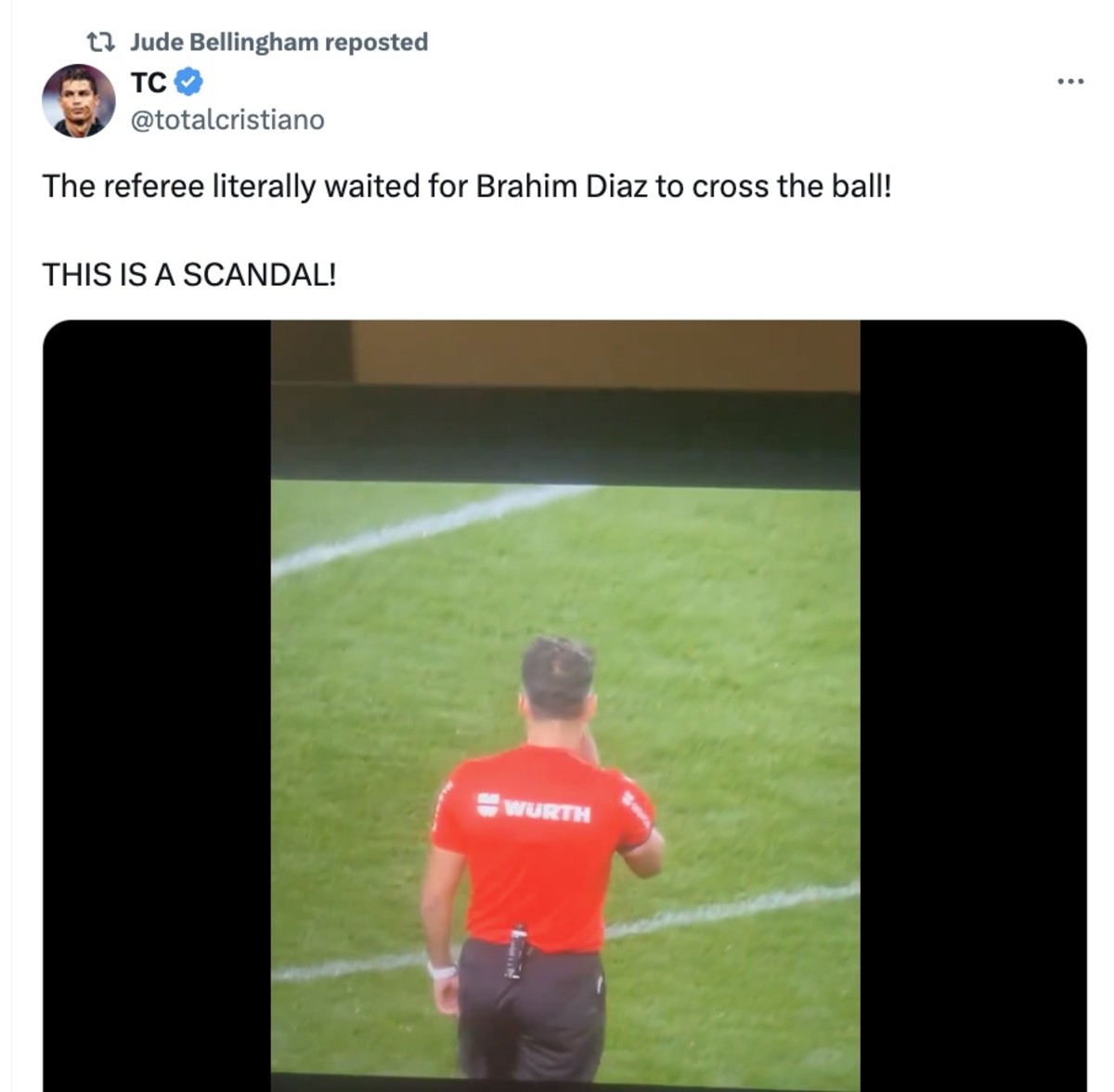 A screenshot of a tweet reposted by Jude Bellingham following Real Madrid's 2-2 draw at Valencia in March 2024