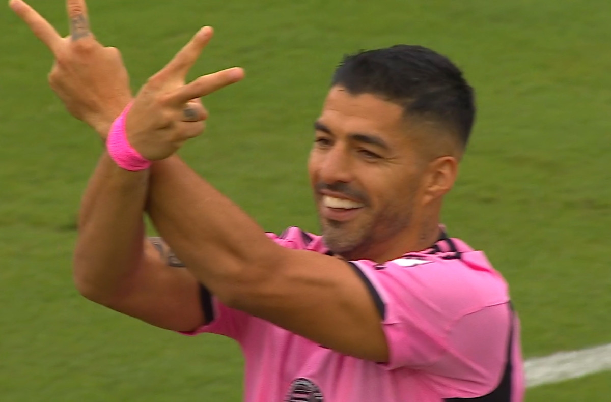Luis Suarez pictured celebrating after scoring the first goal of his Major League Soccer career during Inter Miami's 5-0 win over Orlando City in March 2024