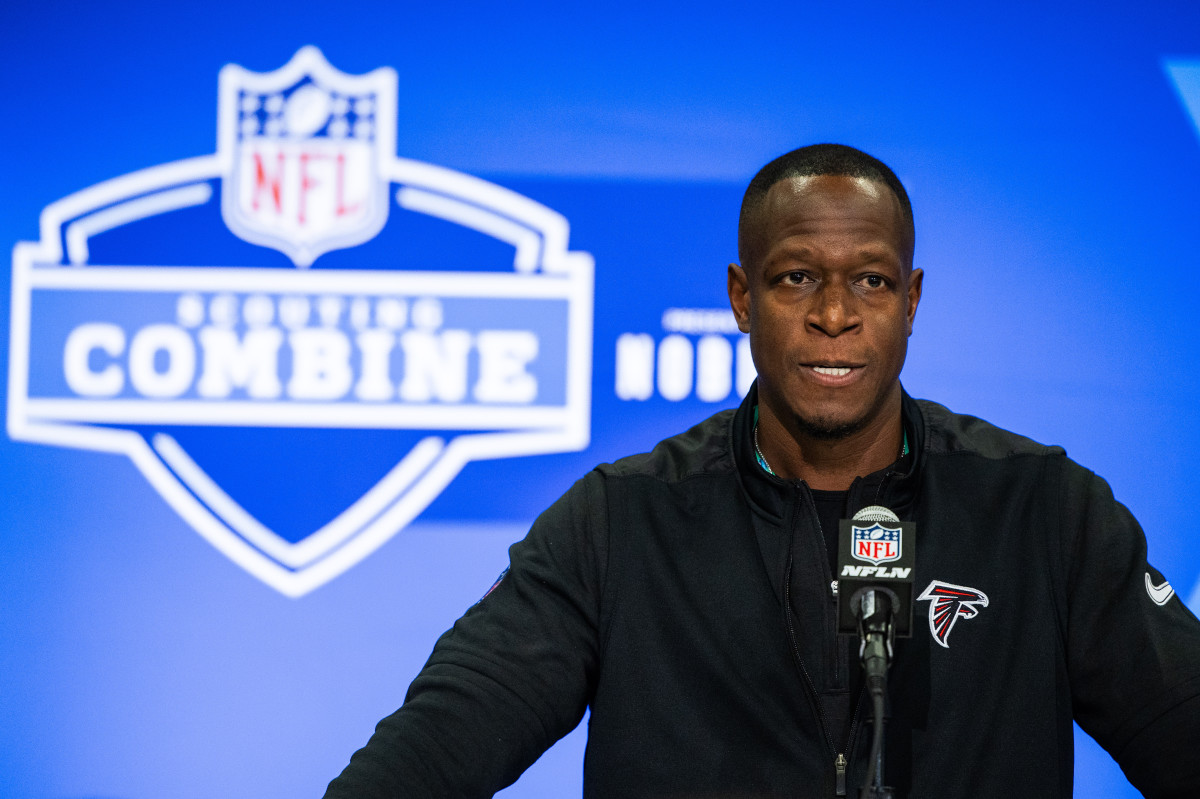 Feb 27, 2024; Indianapolis, IN, USA; Atlanta Falcons head coach Raheem Morris talks to the media at the 2024 NFL Combine at Indiana Convention Center.