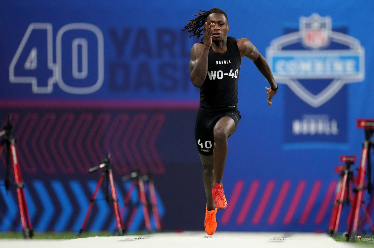 Mar 2, 2024; Indianapolis, IN, USA; Texas wide receiver Xavier Worthy (WO40) during the 2024 NFL Combine at Lucas Oil Stadium. 