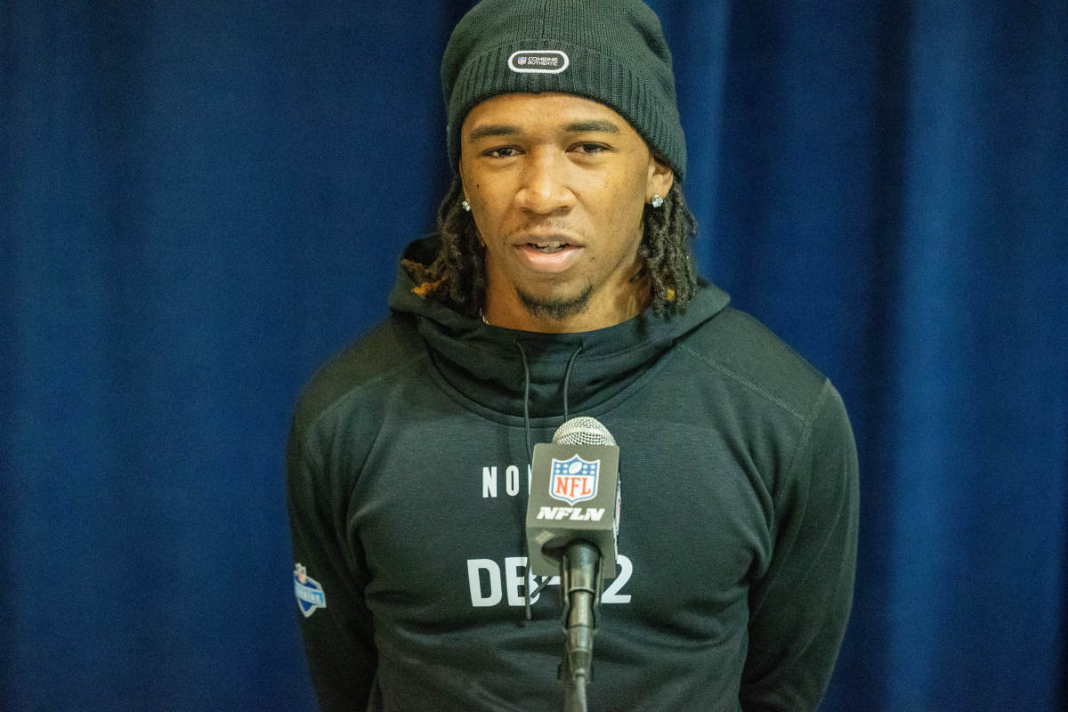 Feb 29, 2024; Indianapolis, IN, USA; Auburn defensive back Jaylin Simpson (DB62) talks to the media during the 2024 NFL Combine at Lucas Oil Stadium.