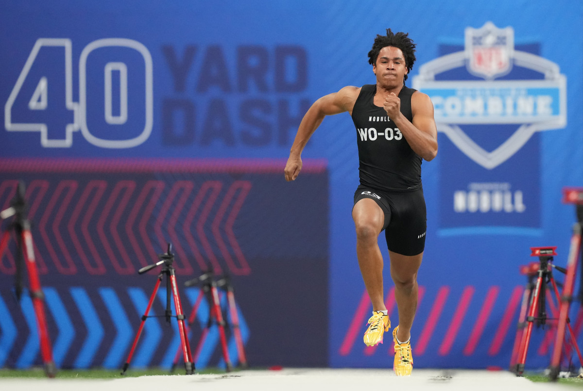 Mar 2, 2024; Indianapolis, IN, USA; Holy Cross wide receiver Jalen Coker (WO03) during the 2024 NFL Combine at Lucas Oil Stadium.