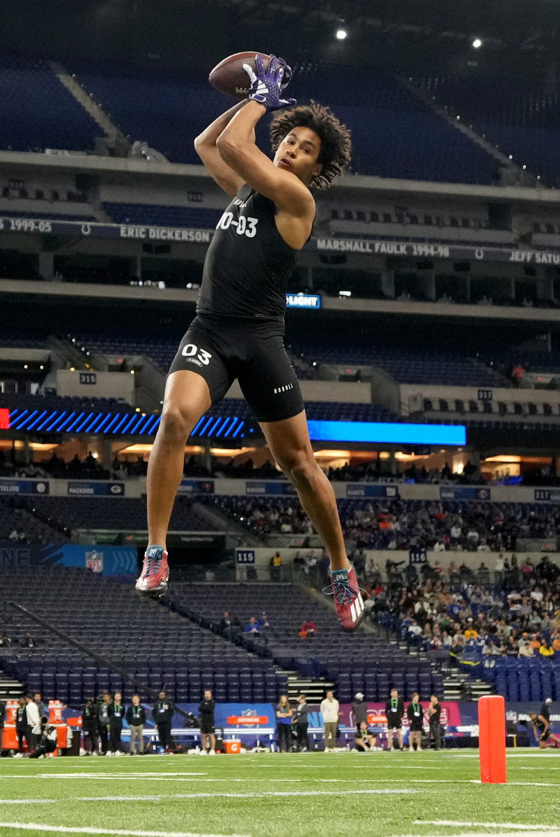 Mar 2, 2024; Indianapolis, IN, USA; Holy Cross wide receiver Jalen Coker (WO03) during the 2024 NFL Combine at Lucas Oil Stadium.