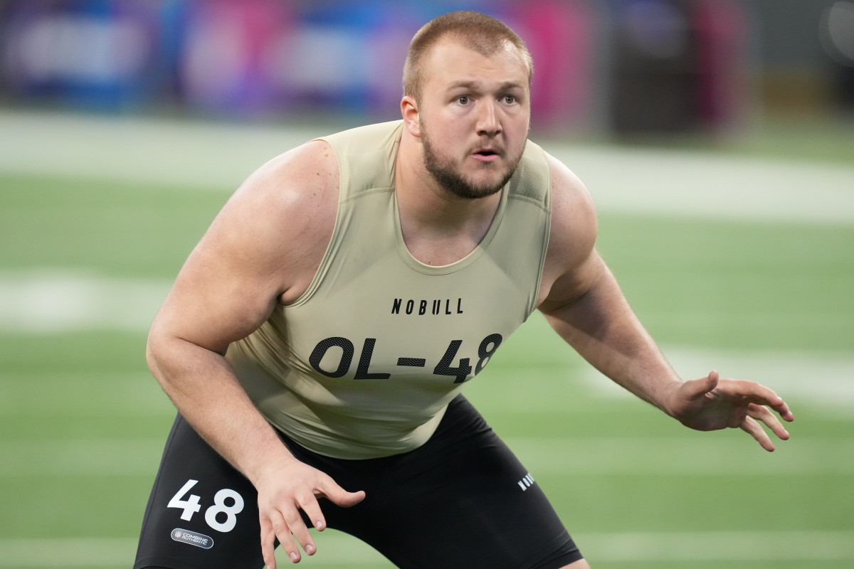 Mar 3, 2024; Indianapolis, IN, USA; South Dakota State offensive lineman Mason McCormick (OL48) during the 2024 NFL Combine at Lucas Oil Stadium.