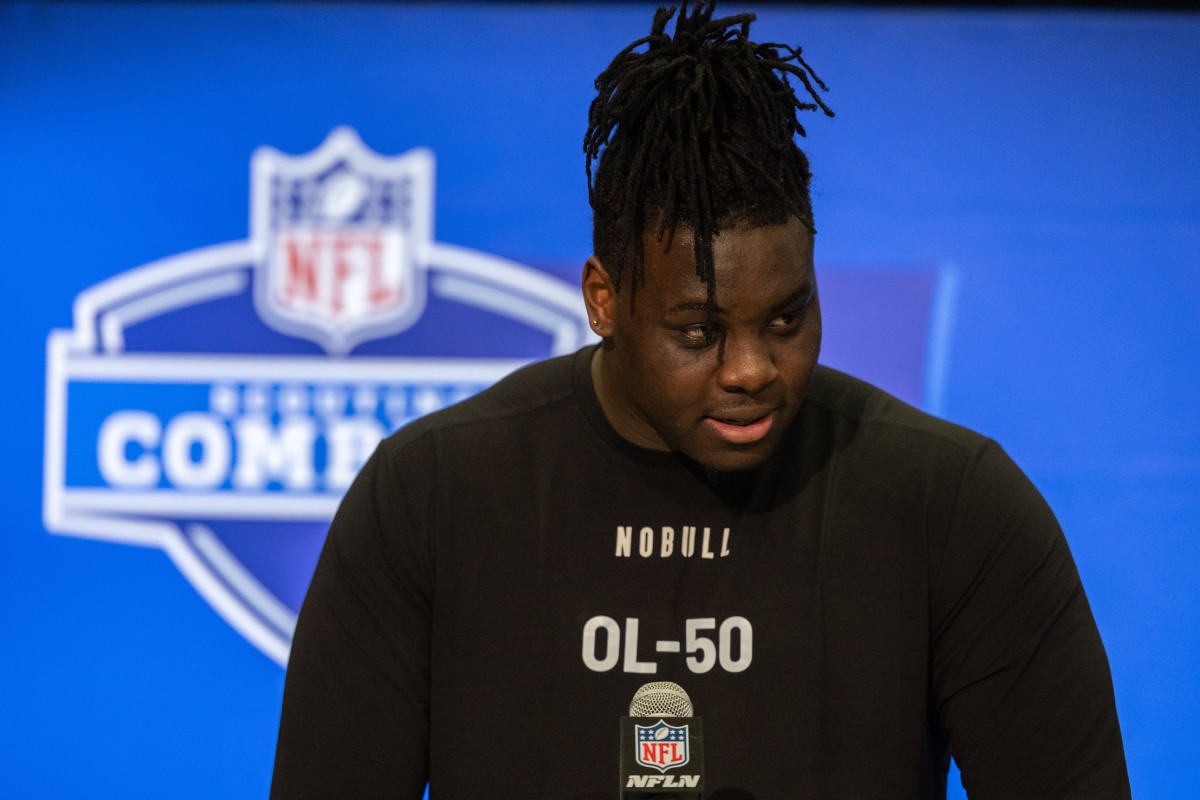 Mar 2, 2024; Indianapolis, IN, USA; Georgia offensive lineman Amarius Mims (OL50) talks to the media during the 2024 NFL Combine at Lucas Oil Stadium.