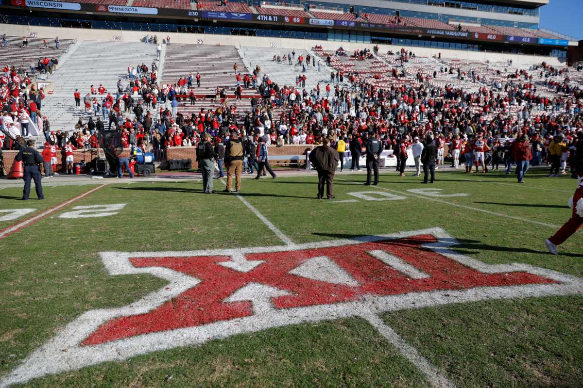 The Big 12 logo is seen after a college football game between the University of Oklahoma Sooners (OU) and the TCU Horned Frogs at Gaylord Family-Oklahoma Memorial Stadium in Norman, Okla., Friday, Nov. 24, 2023. Oklahoma won 69-45.
